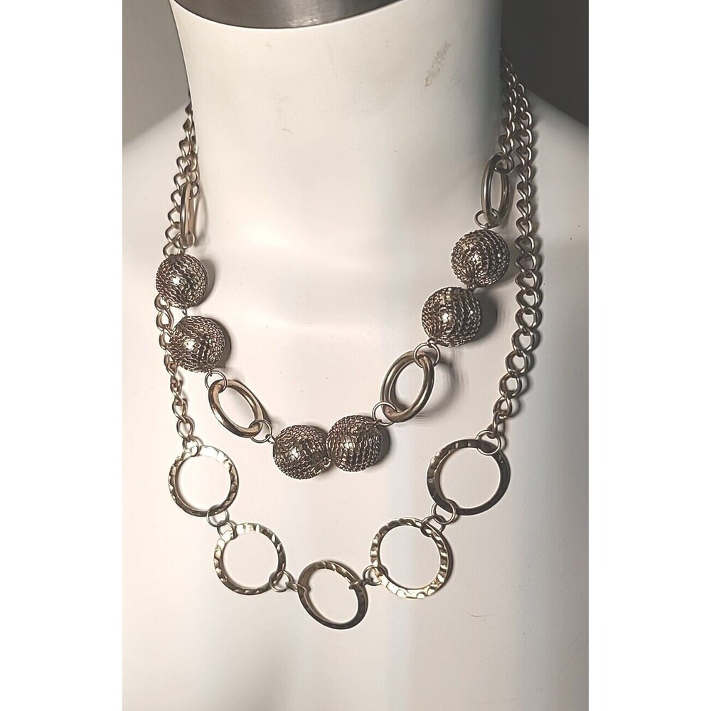Vintage 2 Strand Necklace Bib Gold Tone Chain Netted Balls Hoops